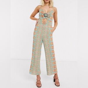 Moon River Cut Out Strappy Jumpsuit Orange Teal Gold NWT